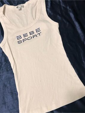 bebe White Ribbed Tank with blue rinestones